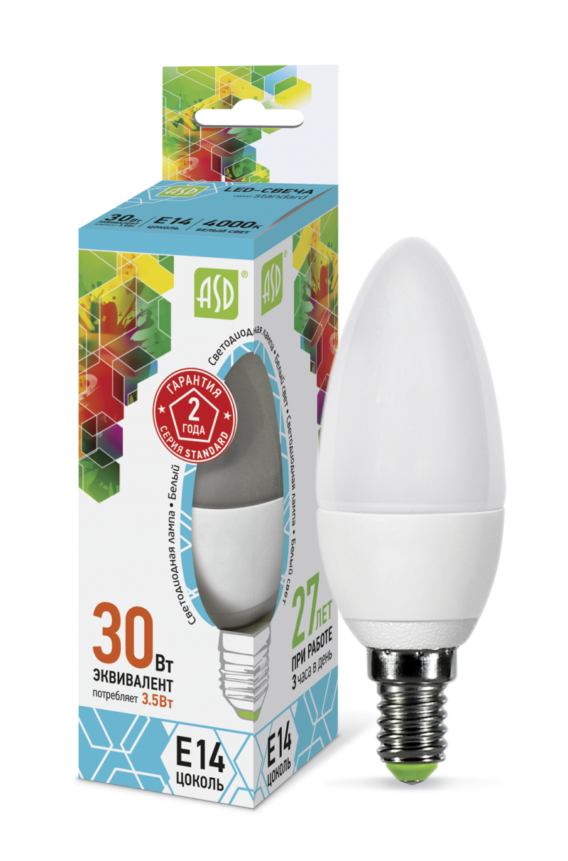 Лампа светодиодная ASD LED-СВЕЧА-standard 3.5Вт 160-260В Е14 4000К в .