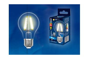 Светодиодная (LED) Лампа FIL (прозрачная) Uniel LED-A60-8W/WW/3000/E27/CL Sky стандарт