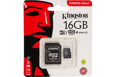 MicroSDHC флэш-накопитель 16GB Class 10 Kingston Canvas Select UHS-I (80/10MB/s) + adapter CN