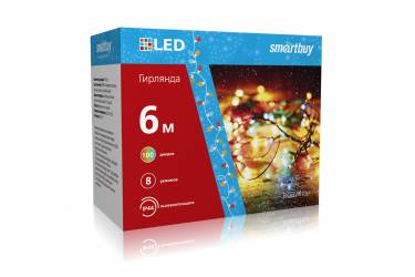 LED Гирлянда Smartbuy с контроллером, RGB, 6м, 100 диодов, IP44, прозрачный провод (SB-RGBIP44-6m)