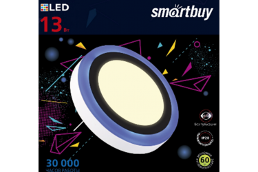Накладной (LED) светильник с син. подсветкой DLB Smartbuy-13w/3000K+B/IP20, d=195 мм, 3 режима, круг