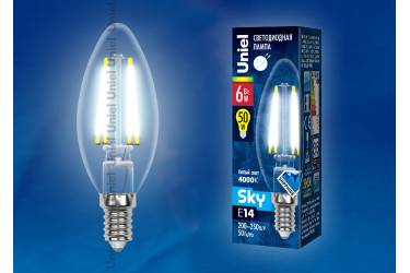 Светодиодная (LED) Лампа FIL (прозрачная) Uniel LED-C35-6W/NW/4000/E14/CL Sky свеча
