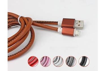 Кабель USB micro кожанная оплетка с метал наконечником красный