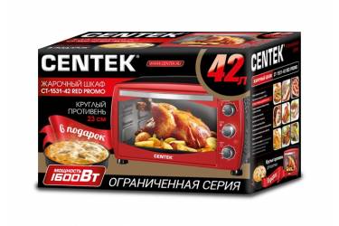 Мини-печь Centek CT-1531-42 красн. (42л; 1600Вт; тайм. 90 мин; 4 реж; max 320°)