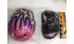 Комплект защиты - шлем + наколенники + перчатки (Розовый огонь)